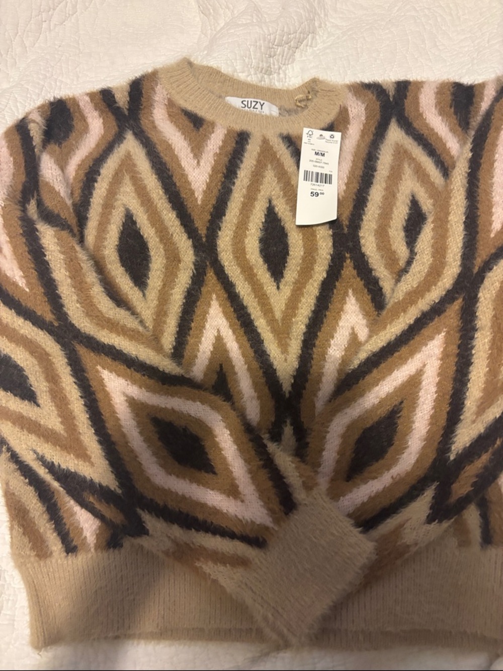 Suzy Shier Tan, Pink & Black Geometric Fuzzy Crew Sweater